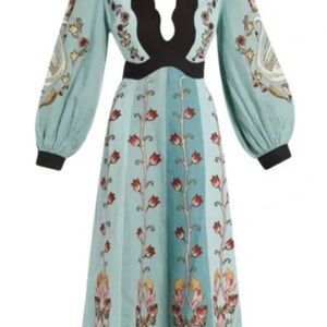 FARM Rio Floral Embroidered Long Sleeve Dress - Light Blue and Red